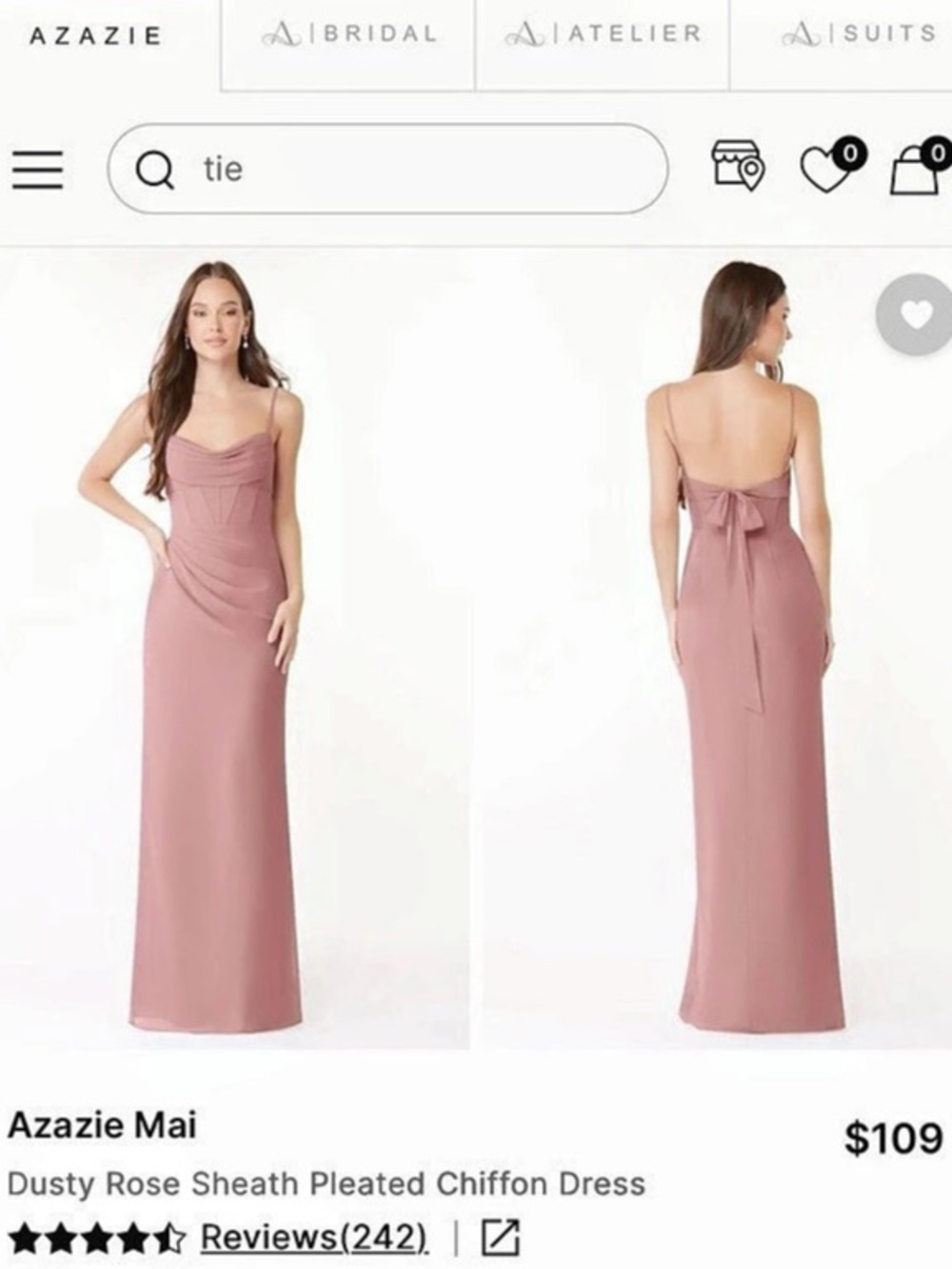 Azazie Mai Maxi Pleated Chiffon Bridesmaid Dress Dusty Rose pink Size A2